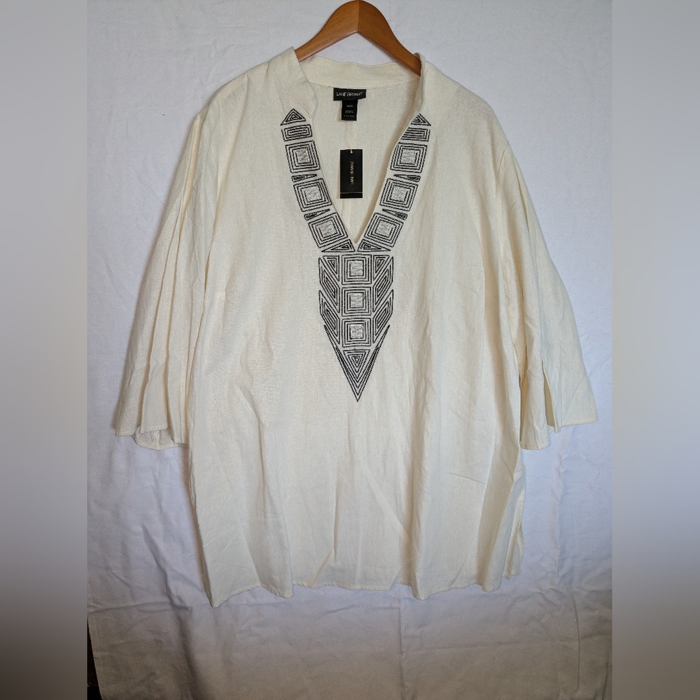 Lane Bryant Cream Top with Black Embroidery